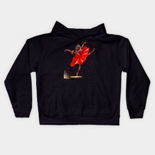Ballet, African American ballerina in red pointe shoes, dress and crown - ballerina doing pirouette in red tutu and red shoes  - brown skin ballerina Kids Hoodie